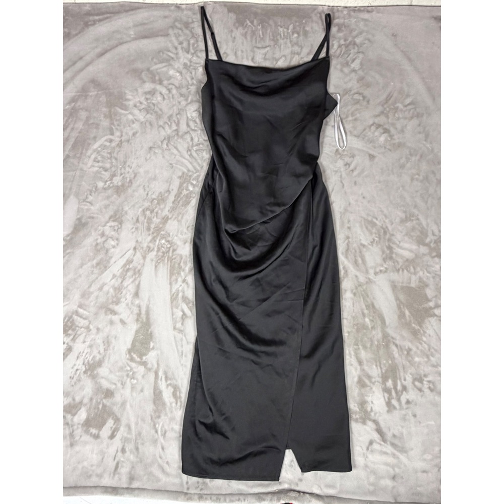 Lulus Black Satin Cowl Neck Midi Dress Adjustable Straps Wrap Skirt Size M
